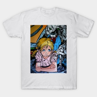 Young blonde girl with big wolf in a space ship T-Shirt